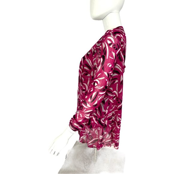 Alfani Women Top Maroon White Black Sheer Material Geometric Print Long Sleeve S - Picture 4 of 5